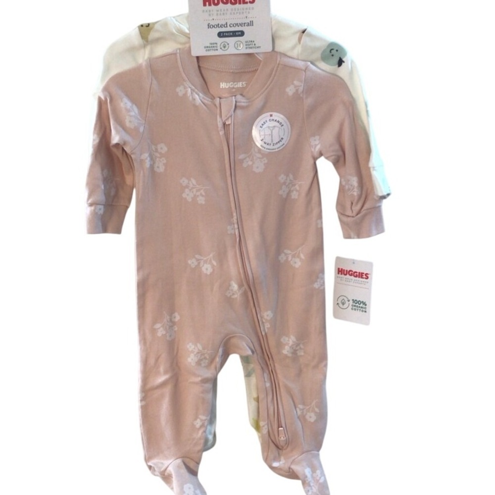 SALE Huggies Baby Footed Coveralls 2 Pack 6M‎ Easy Change 2 Way Zipper Organic